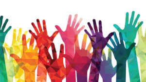rainbow of arms reaching up